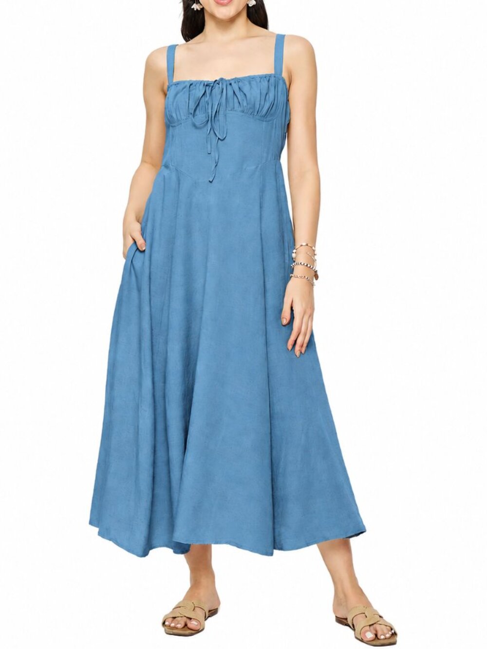 Sim & Sam NWOT Milkmaid Linen Blend Midi Dress Dusty Blue Medium Coastal Summer